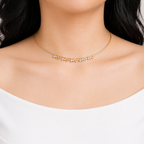 A gold-plated stainless steel chain for women featuring a twisted cable design and a shimmering fringe of crystal leaf charms, shown on a model