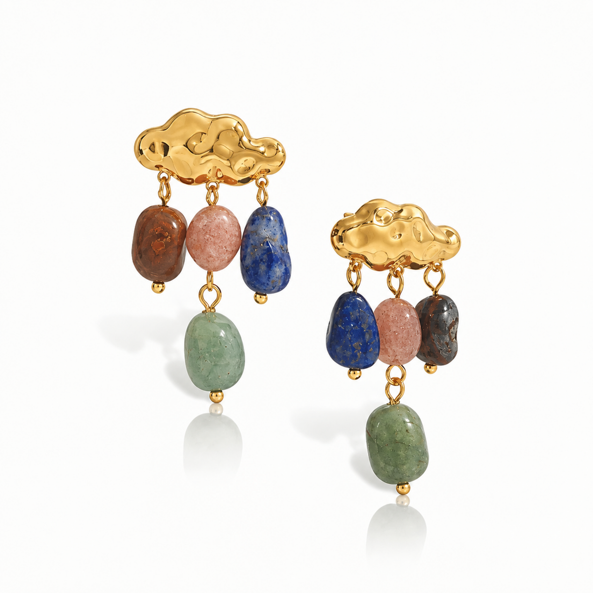 Raincloud Gemstone Drop Earrings with colourful gemstone drops and cloud-inspired gold plated earrings on white background