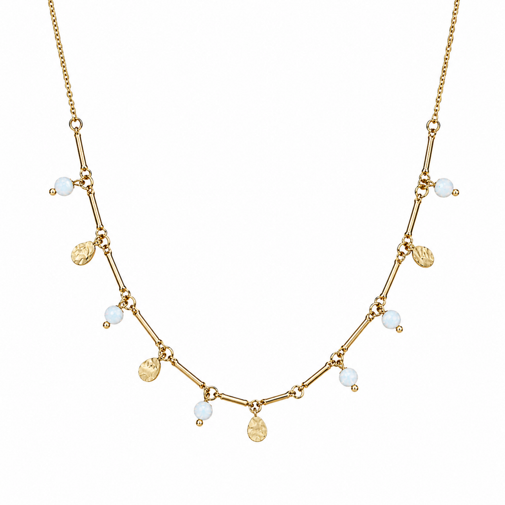A close-view of a gold-plated stainless steel chain for women featuring a bar-link design with dangling milky opals and hammered gold charms