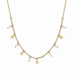 A close-view of a gold-plated stainless steel chain for women featuring a bar-link design with dangling milky opals and hammered gold charms