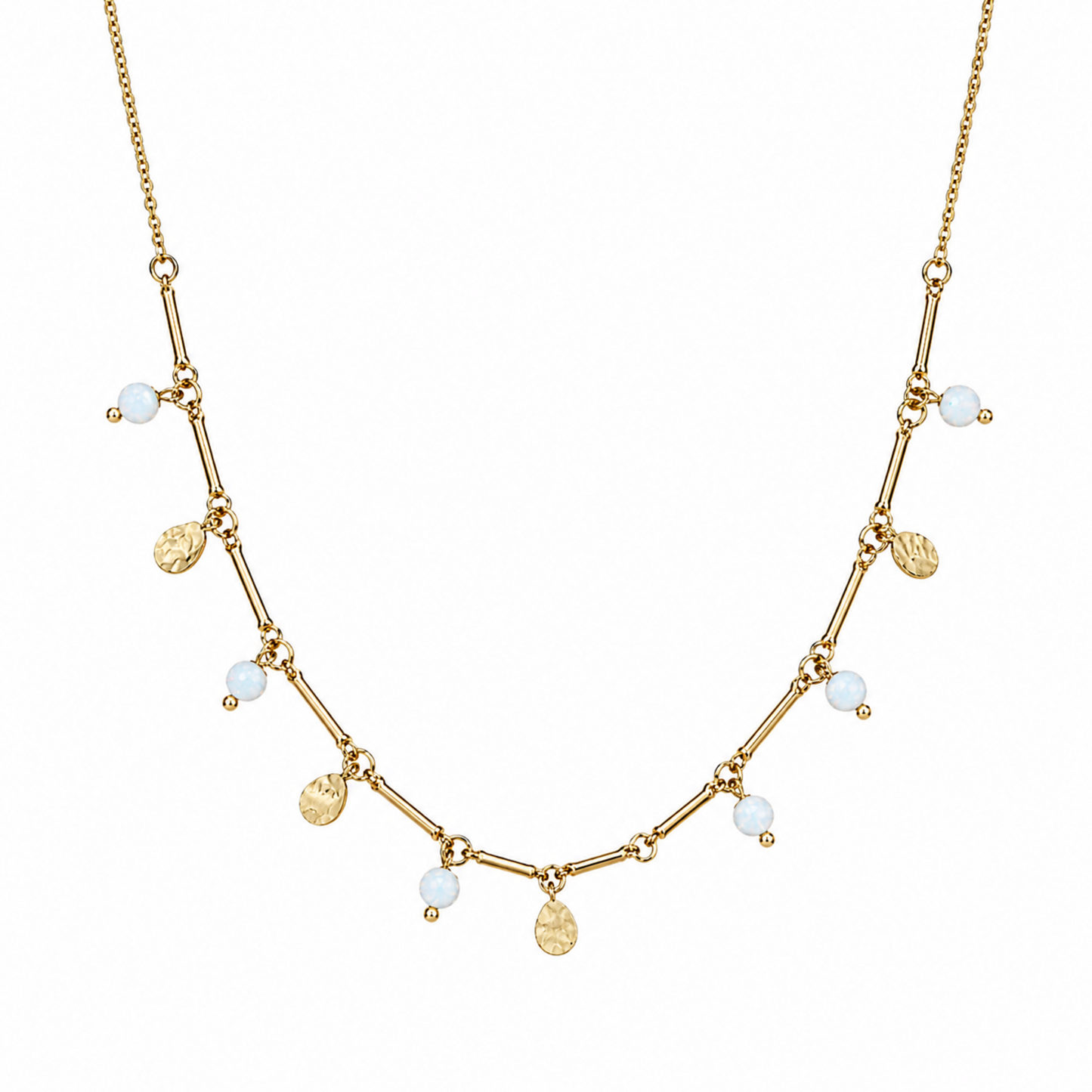 A close-view of a gold-plated stainless steel chain for women featuring a bar-link design with dangling milky opals and hammered gold charms