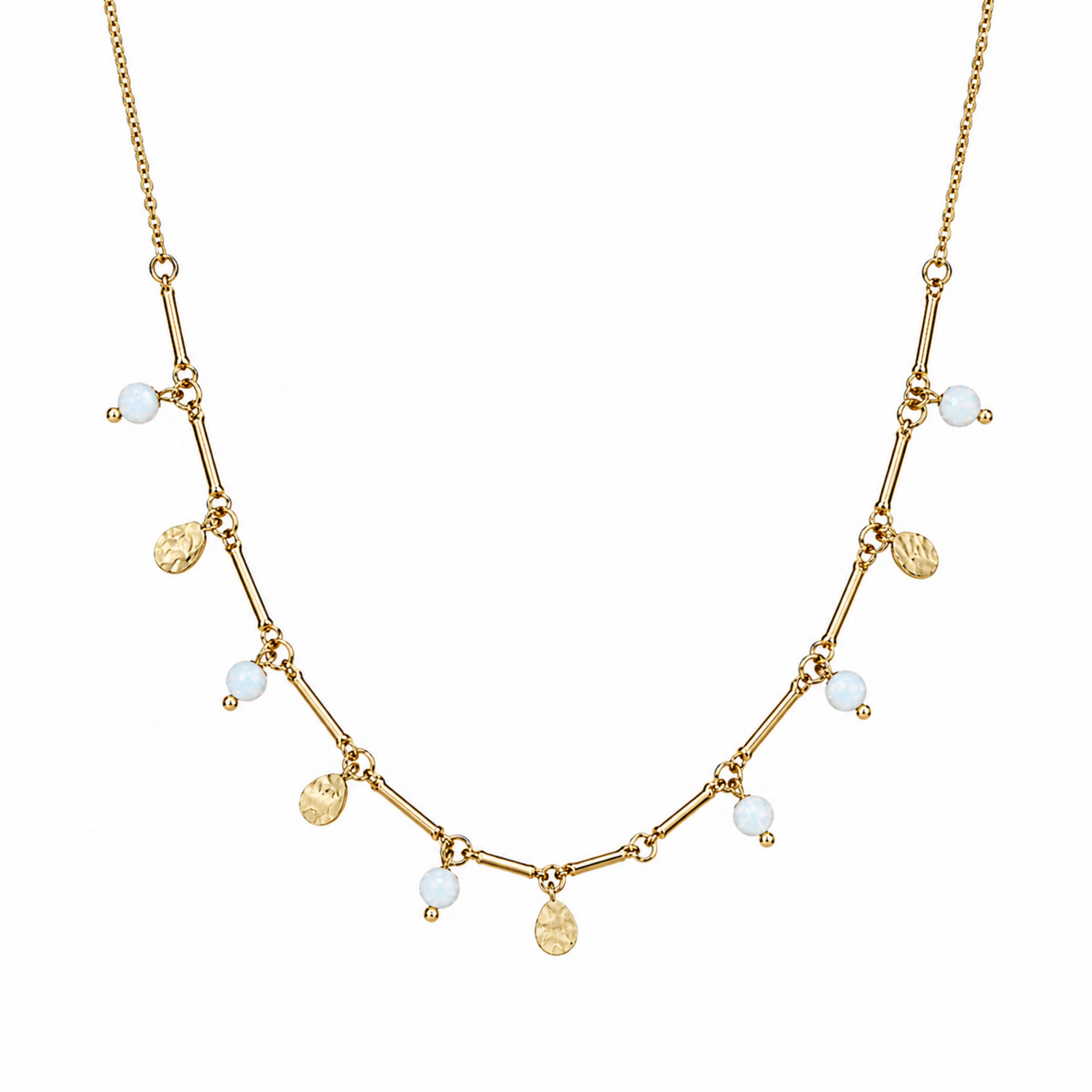 A close-view of a gold-plated stainless steel chain for women featuring a bar-link design with dangling milky opals and hammered gold charms