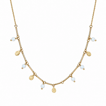 A close-view of a gold-plated stainless steel chain for women featuring a bar-link design with dangling milky opals and hammered gold charms