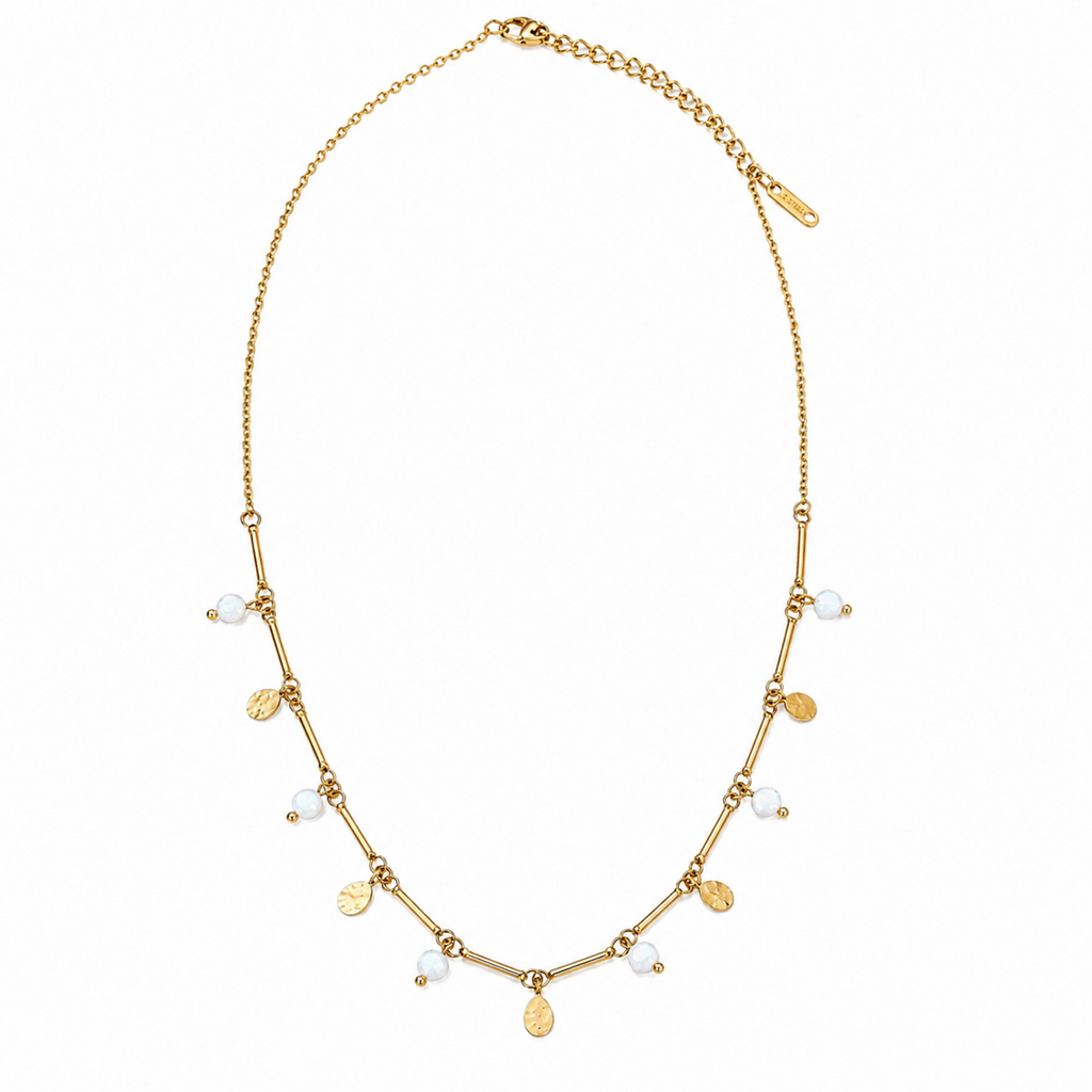 A gold-plated stainless steel chain for women featuring a bar-link design with dangling milky opals and hammered gold charms
