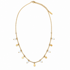 A gold-plated stainless steel chain for women featuring a bar-link design with dangling milky opals and hammered gold charms