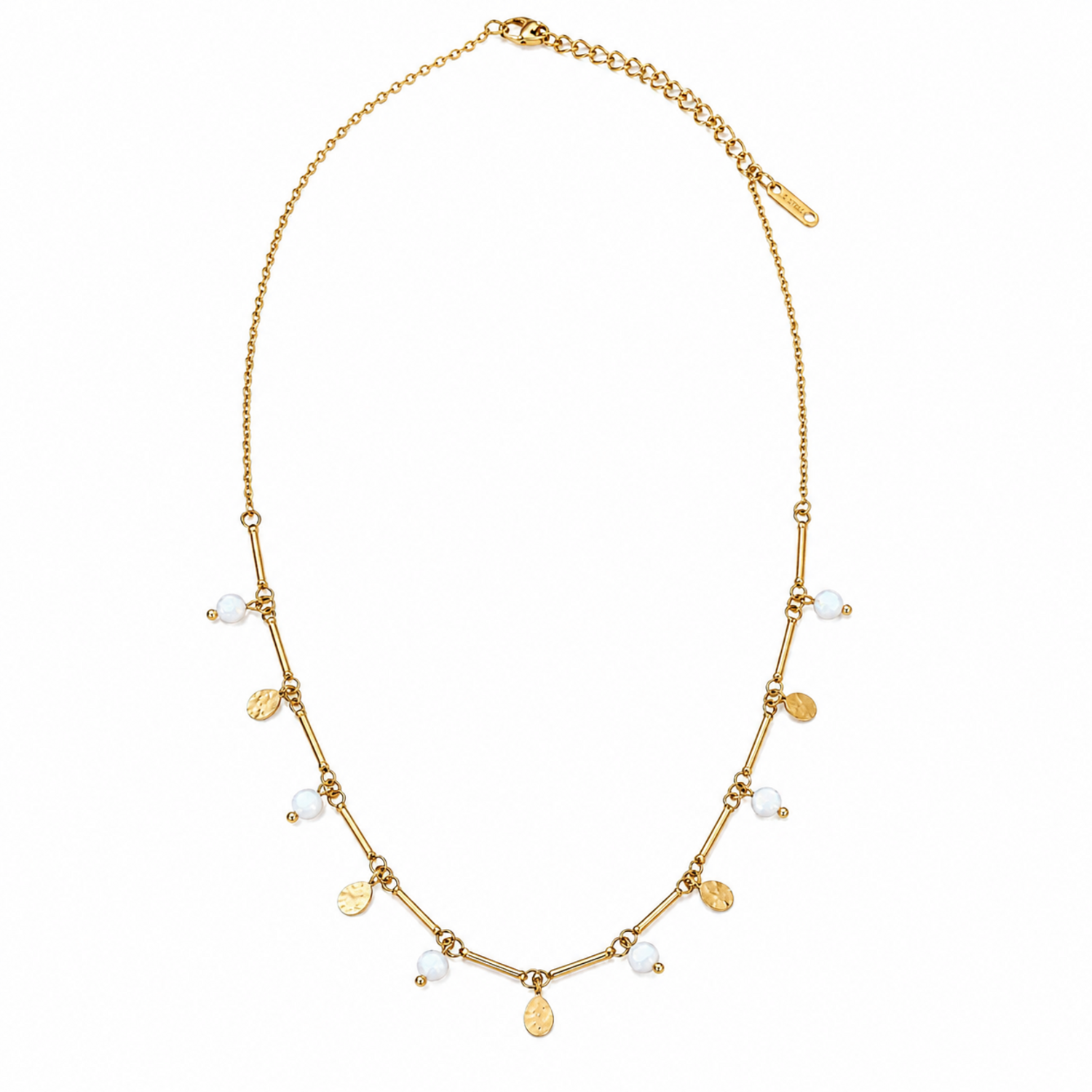 A gold-plated stainless steel chain for women featuring a bar-link design with dangling milky opals and hammered gold charms