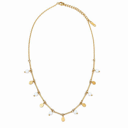 A gold-plated stainless steel chain for women featuring a bar-link design with dangling milky opals and hammered gold charms