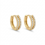 A pair of gold-plated huggie hoop earrings for women featuring two parallel rows of clear crystals, shown on a clean white background.
