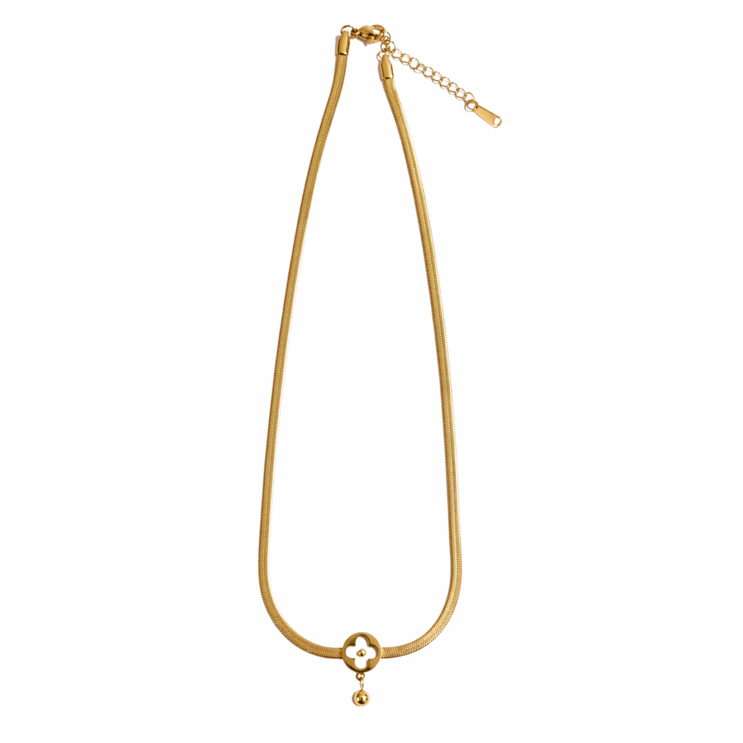 A gold-plated stainless steel chain for women featuring a flat high-shine texture and an open clover pendant with a small gold drop.