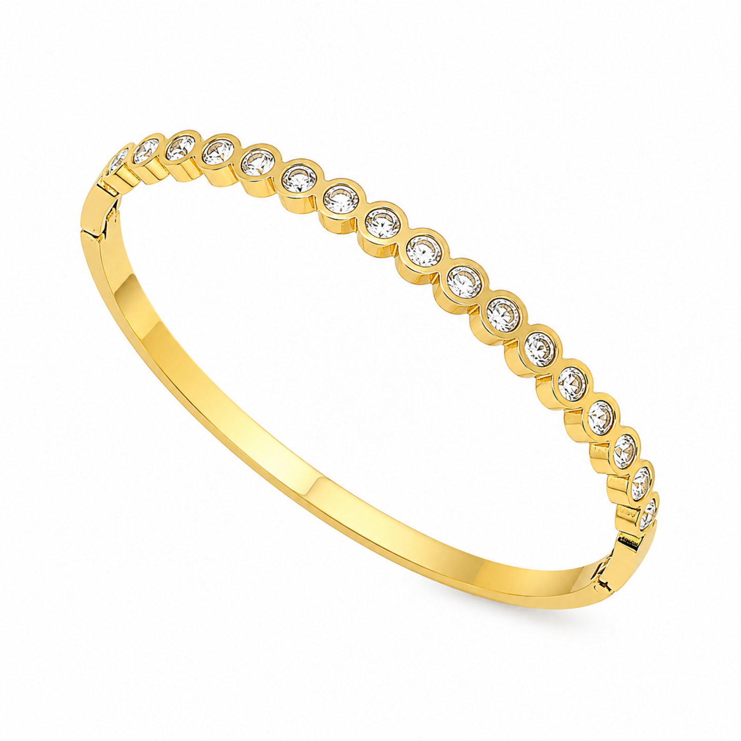 A gold-plated bracelet for women featuring a continuous row of bezel-set crystals and a secure side clasp.