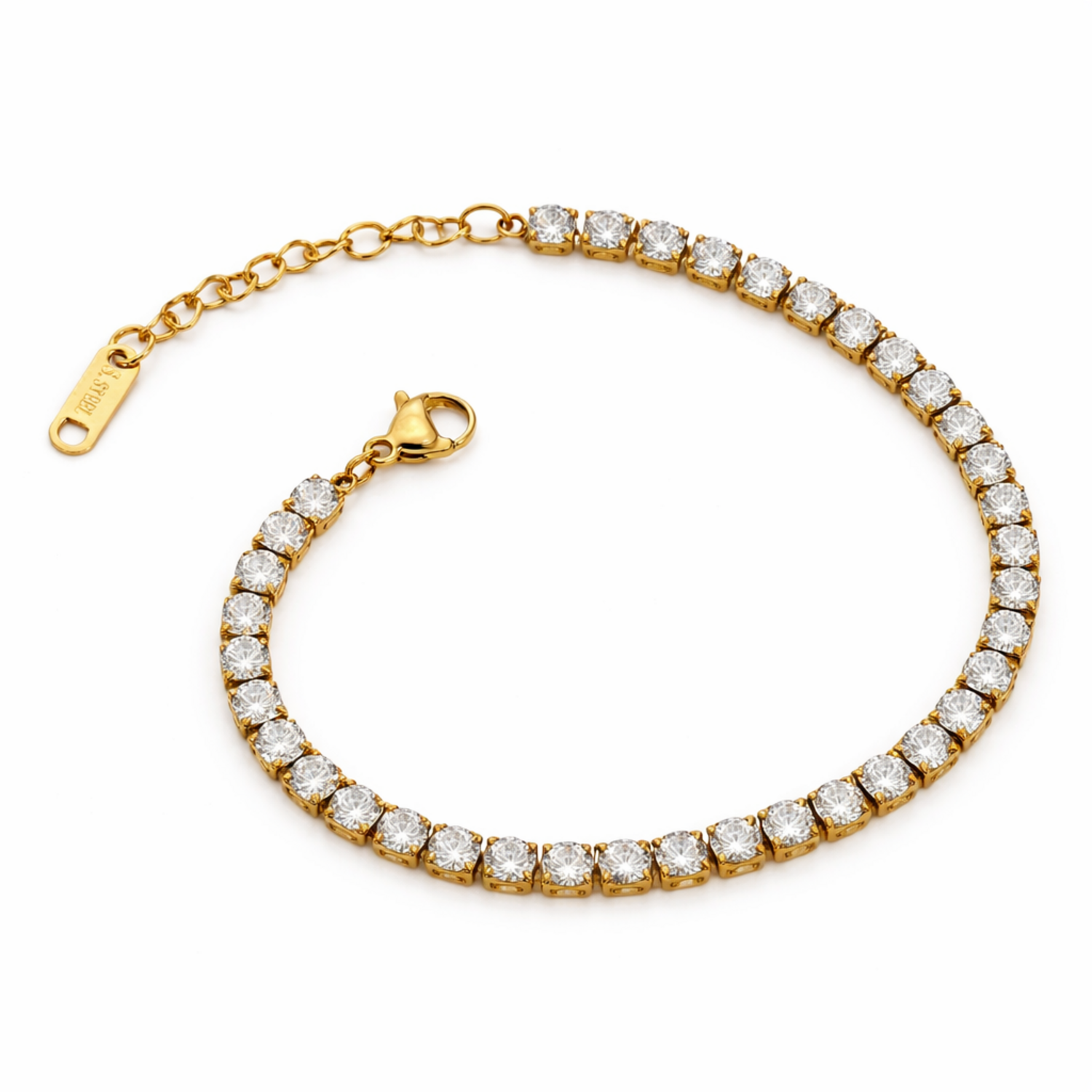A classic gold-plated tennis bracelet for women featuring a continuous row of brilliant round-cut stones, shown on a white background