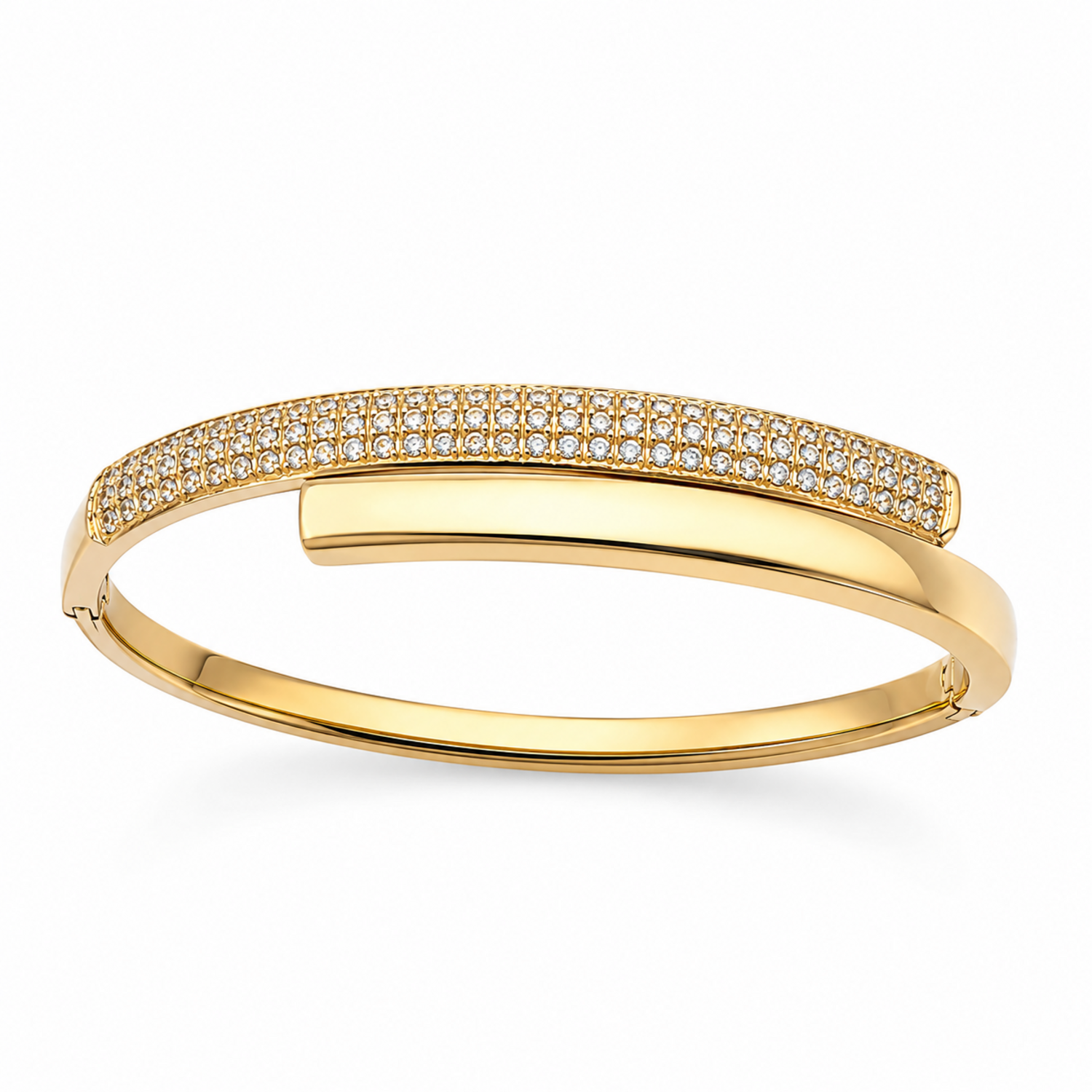 A gold-plated bypass bracelet for women featuring one side set with dense pavé crystals and a secure side-hinge clasp.