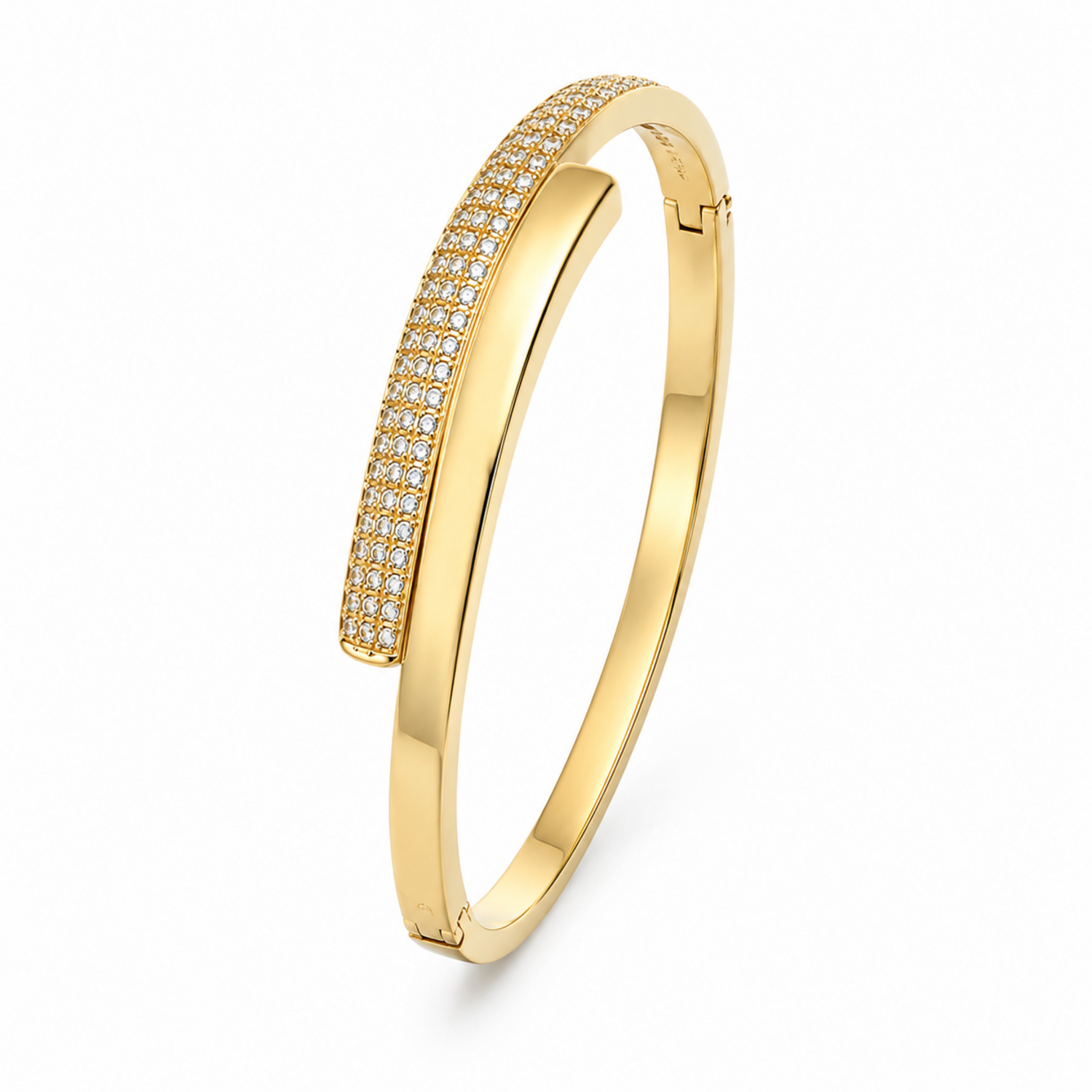 A close-view of a gold-plated bypass bracelet for women featuring one side set with dense pavé crystals and a secure side-hinge clasp.