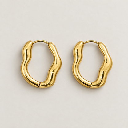 Sienna wavy hoop earrings for women with an organic curved design, 18K gold plated finish and anti-tarnish coating