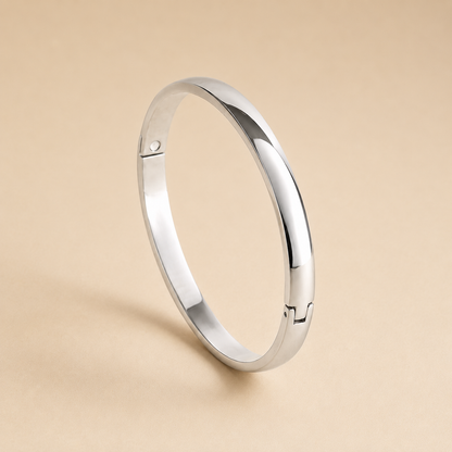 silver plated minimalist dome bangle bracelet for women with a smooth polished finish