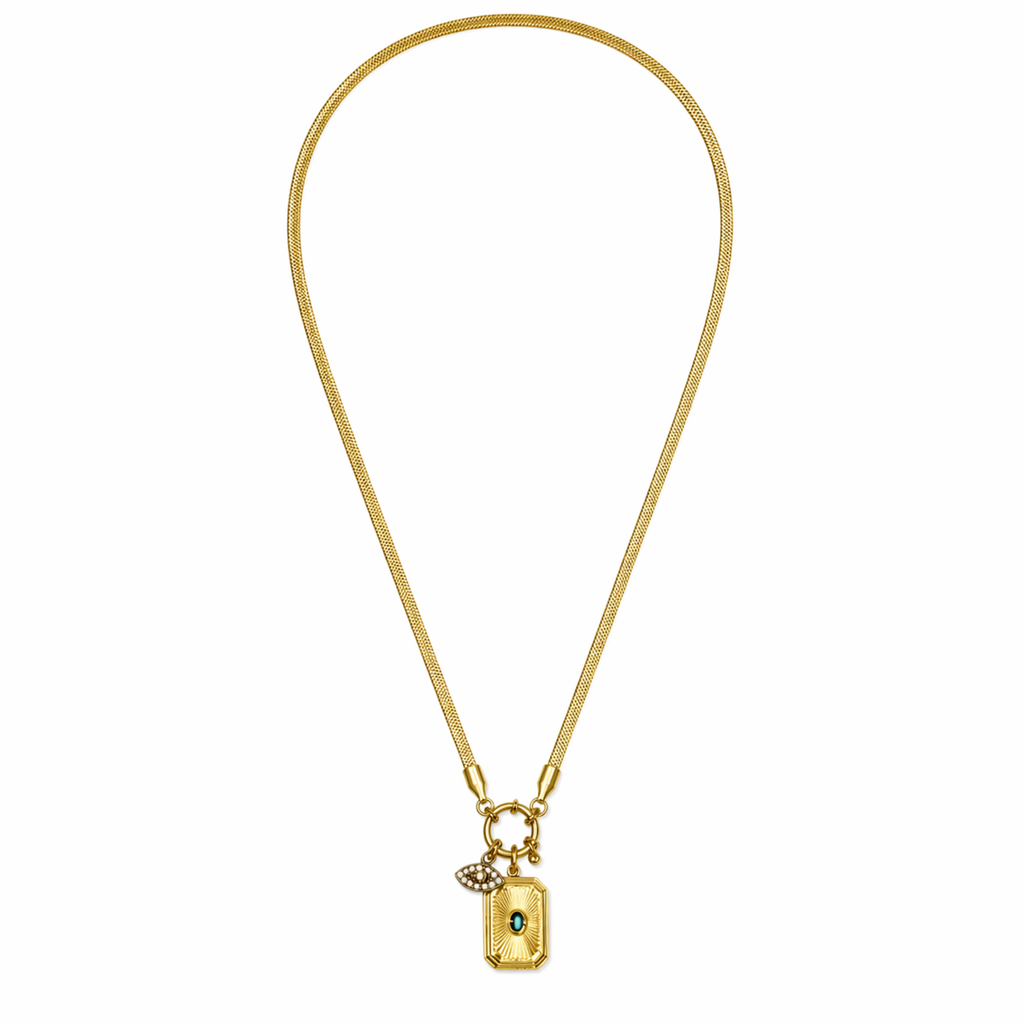 A gold-plated stainless steel chain for women featuring a flat snake chain and two protective charms, including an evil eye medallion