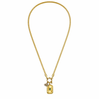 A gold-plated stainless steel chain for women featuring a flat snake chain and two protective charms, including an evil eye medallion