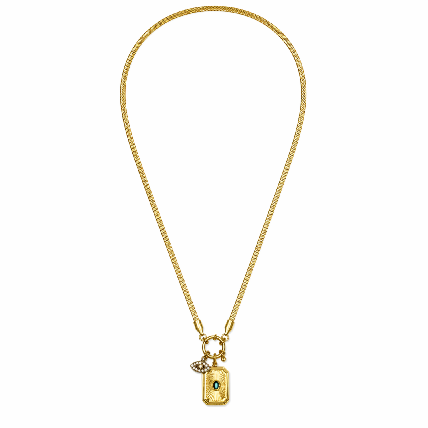 A gold-plated stainless steel chain for women featuring a flat snake chain and two protective charms, including an evil eye medallion
