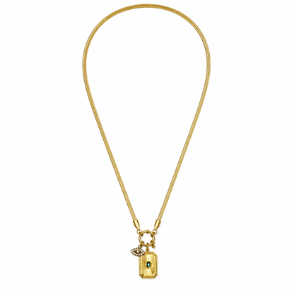 A gold-plated stainless steel chain for women featuring a flat snake chain and two protective charms, including an evil eye medallion