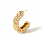 A close-view of a gold-plated hoop earrings for women featuring a prominent princess-cut clear crystal and smaller round accents