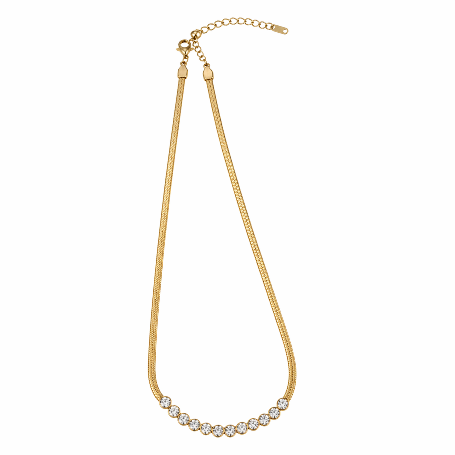 A gold-plated stainless steel snake chain necklace for women featuring a curved row of bezel-set crystals, shown on a white background.