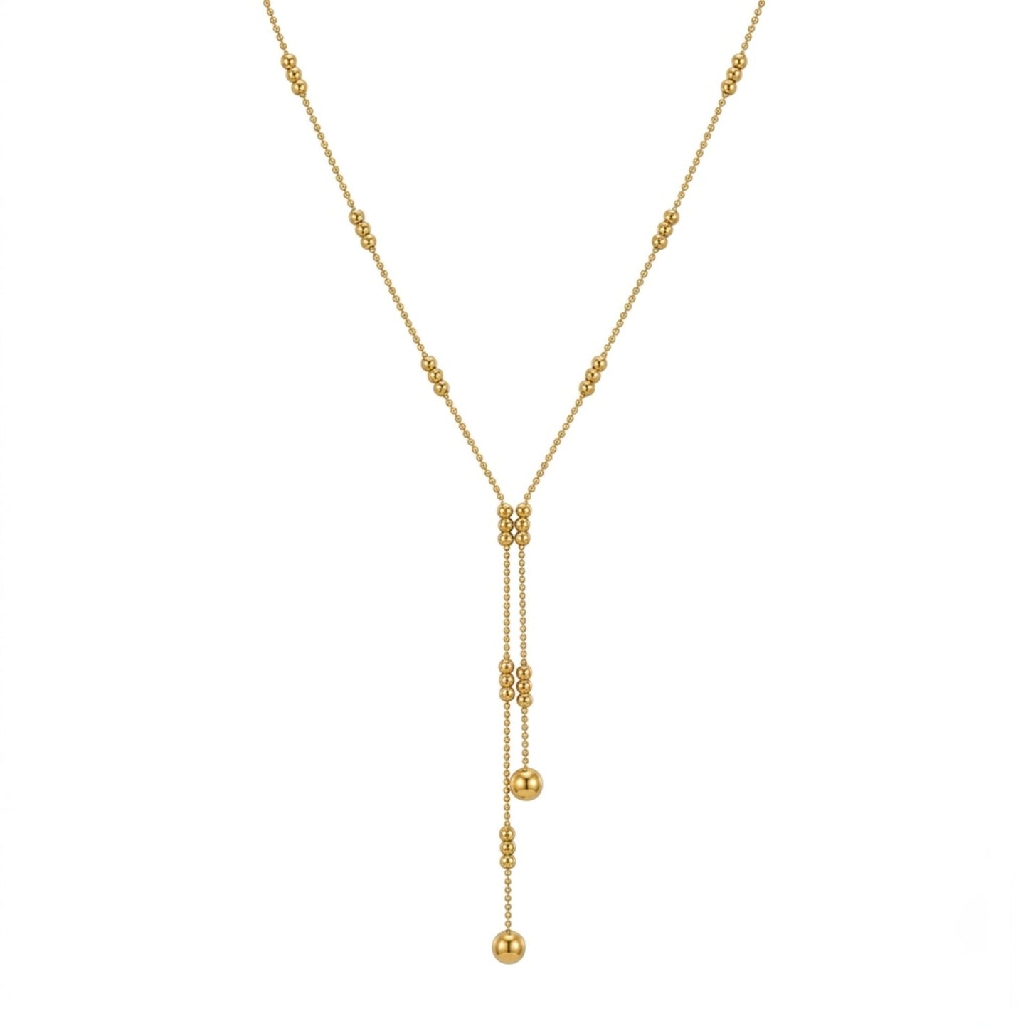 A gold-plated stainless steel chain for women featuring a double-strand Y-drop lariat design with gold beads
