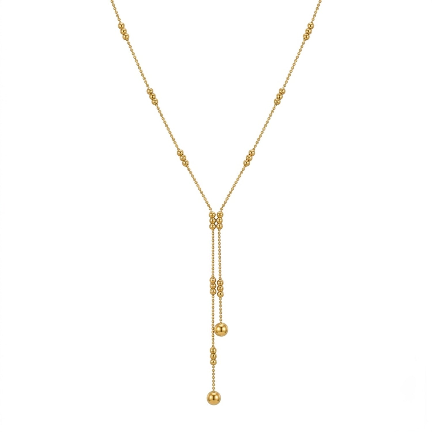 A gold-plated stainless steel chain for women featuring a double-strand Y-drop lariat design with gold beads