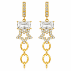 A pair of gold-plated long earrings for women featuring an emerald-cut crystal, a pavé star, and textured chain links, shown on a white background