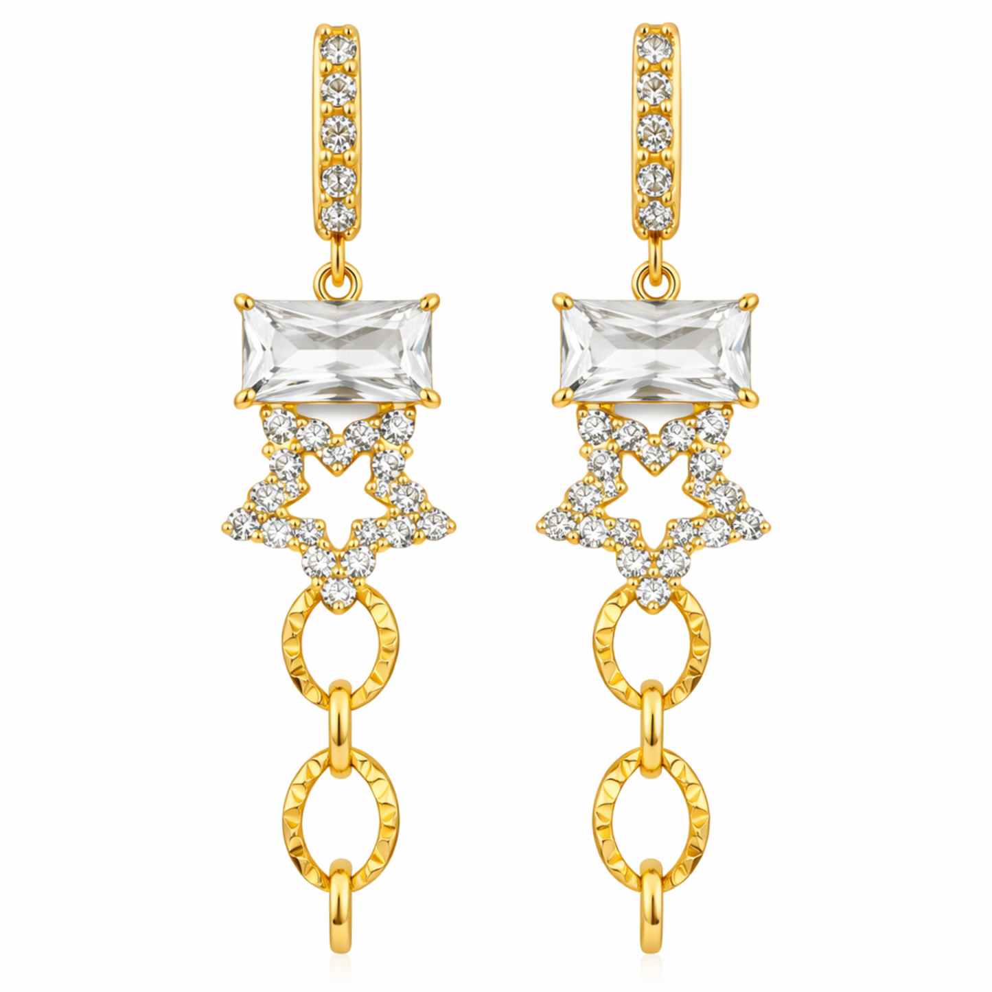 A pair of gold-plated long earrings for women featuring an emerald-cut crystal, a pavé star, and textured chain links, shown on a white background