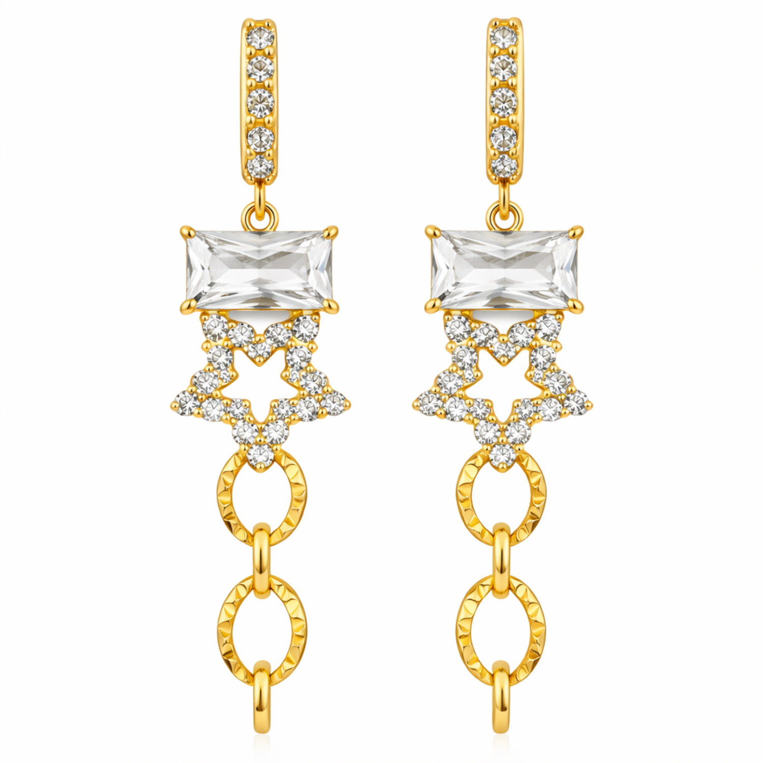 A pair of gold-plated long earrings for women featuring an emerald-cut crystal, a pavé star, and textured chain links, shown on a white background