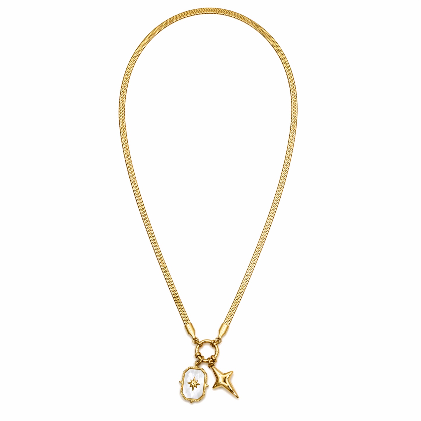A gold-plated stainless steel chain for women featuring a flat snake chain and two celestial star charms, one with a pearl inlay