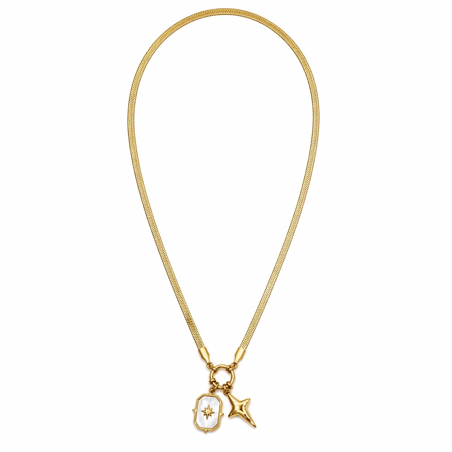 A gold-plated stainless steel chain for women featuring a flat snake chain and two celestial star charms, one with a pearl inlay