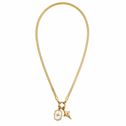 A gold-plated stainless steel chain for women featuring a flat snake chain and two celestial star charms, one with a pearl inlay