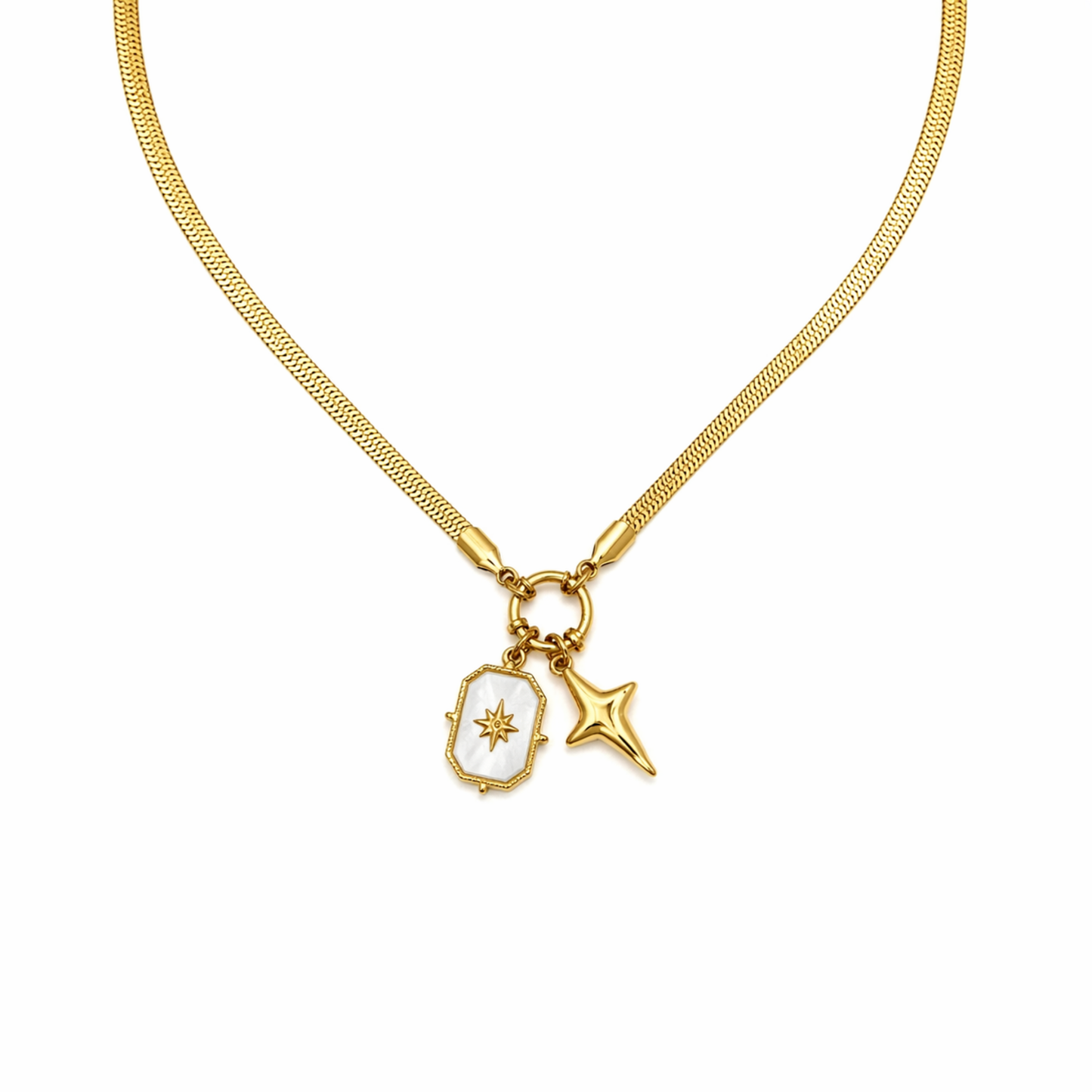 A close-view of a gold-plated stainless steel chain for women featuring a flat snake chain and two celestial star charms, one with a pearl inlay