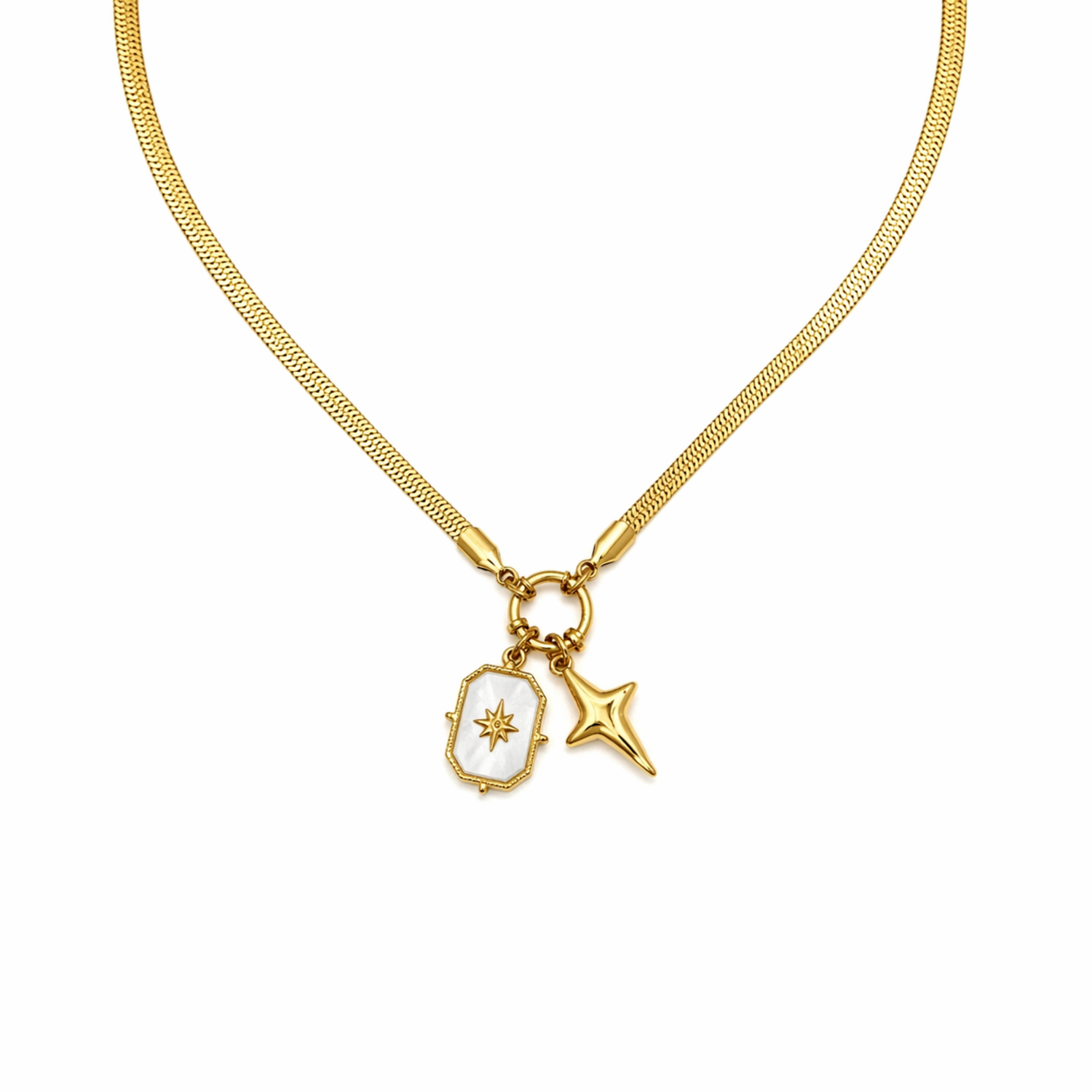 A close-view of a gold-plated stainless steel chain for women featuring a flat snake chain and two celestial star charms, one with a pearl inlay
