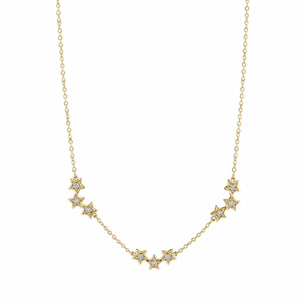 A gold-plated stainless steel chain for women featuring a curved drop of nine small crystal-set stars.