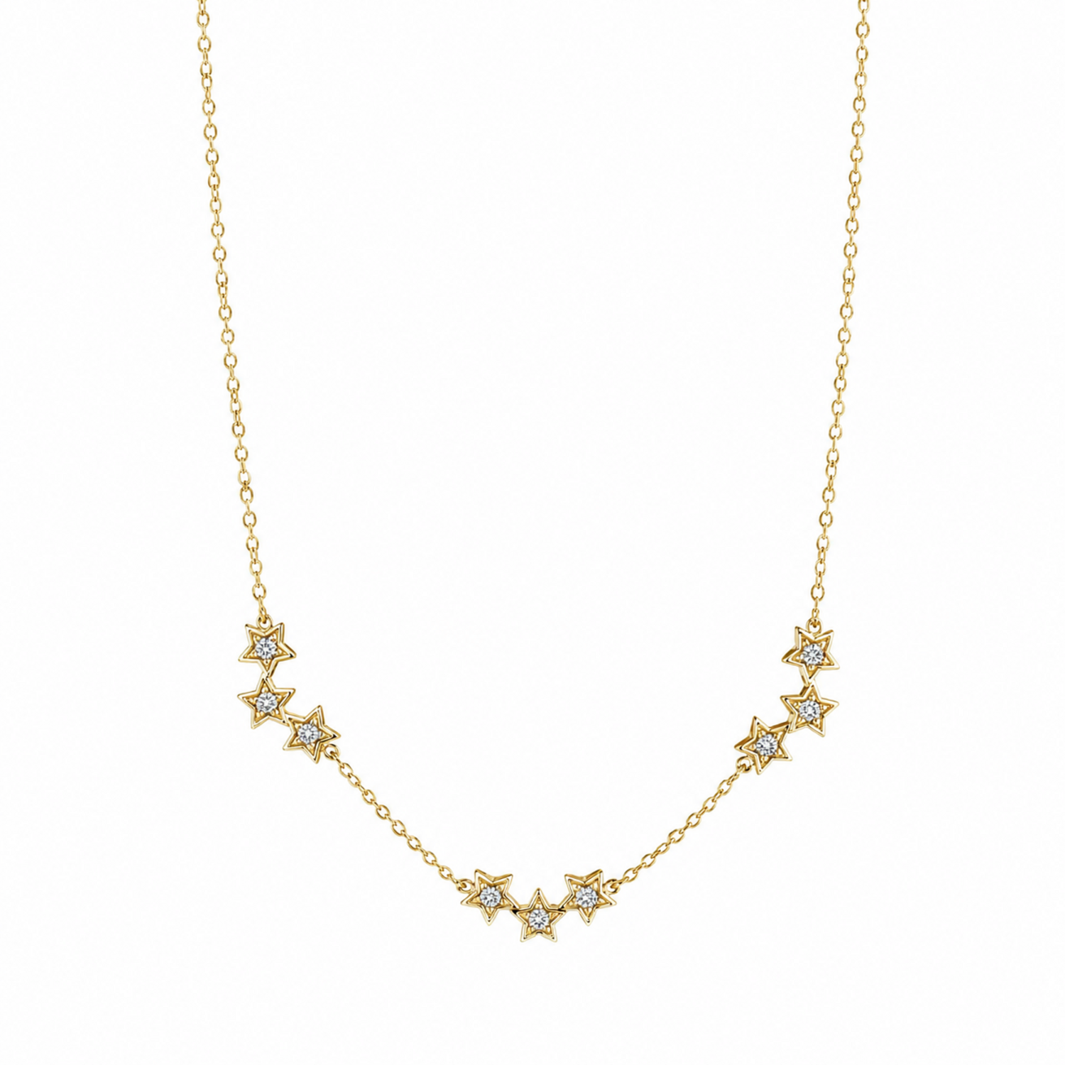 A gold-plated stainless steel chain for women featuring a curved drop of nine small crystal-set stars.