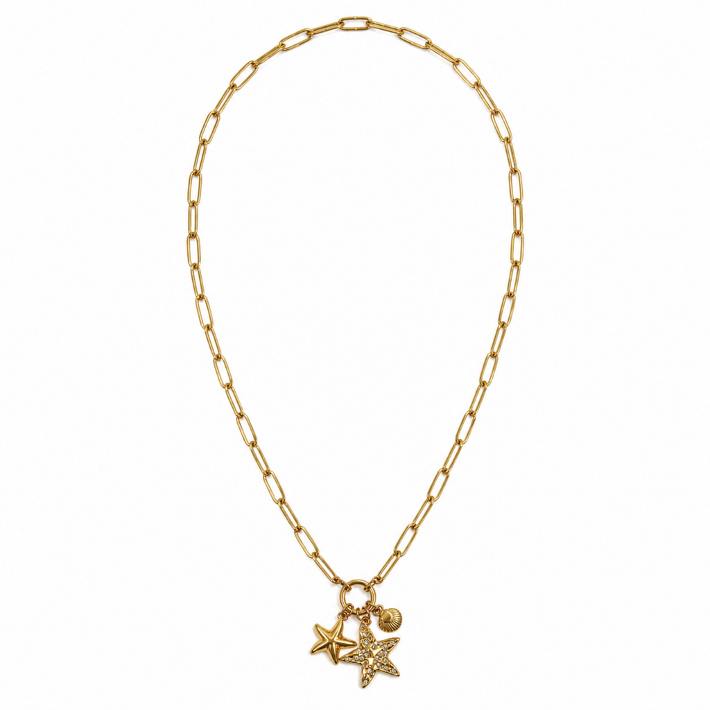 A gold-plated stainless steel chain for women featuring a paperclip link design with a crystal starfish and seashell charms