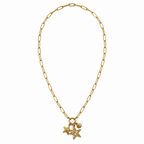 A gold-plated stainless steel chain for women featuring a paperclip link design with a crystal starfish and seashell charms