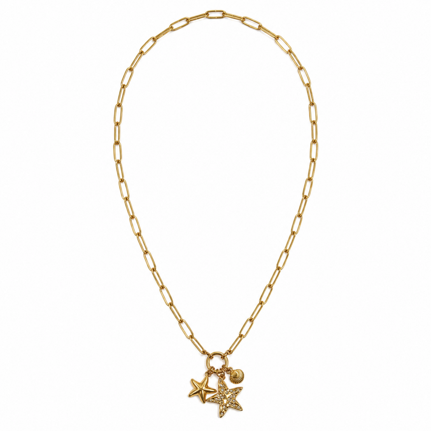 A gold-plated stainless steel chain for women featuring a paperclip link design with a crystal starfish and seashell charms