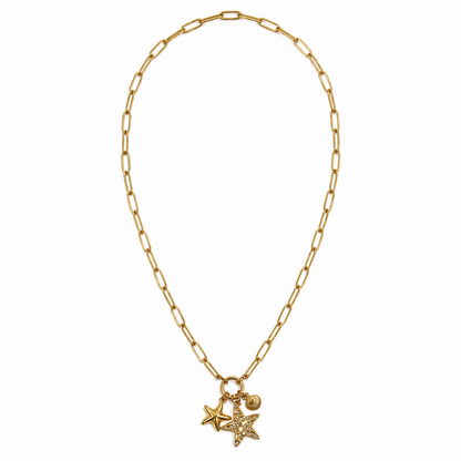 A gold-plated stainless steel chain for women featuring a paperclip link design with a crystal starfish and seashell charms