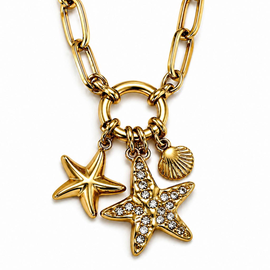 A close-view of a gold-plated stainless steel chain for women featuring a paperclip link design with a crystal starfish and seashell charms