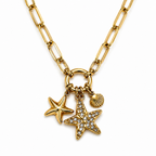 A gold-plated stainless steel chain for women featuring a paperclip link design with a crystal starfish and seashell charms