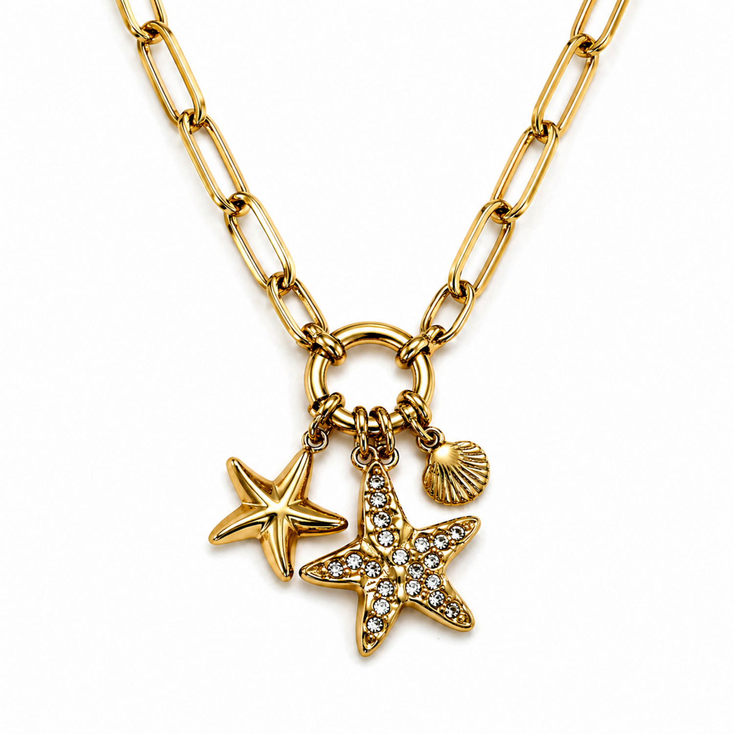 A gold-plated stainless steel chain for women featuring a paperclip link design with a crystal starfish and seashell charms