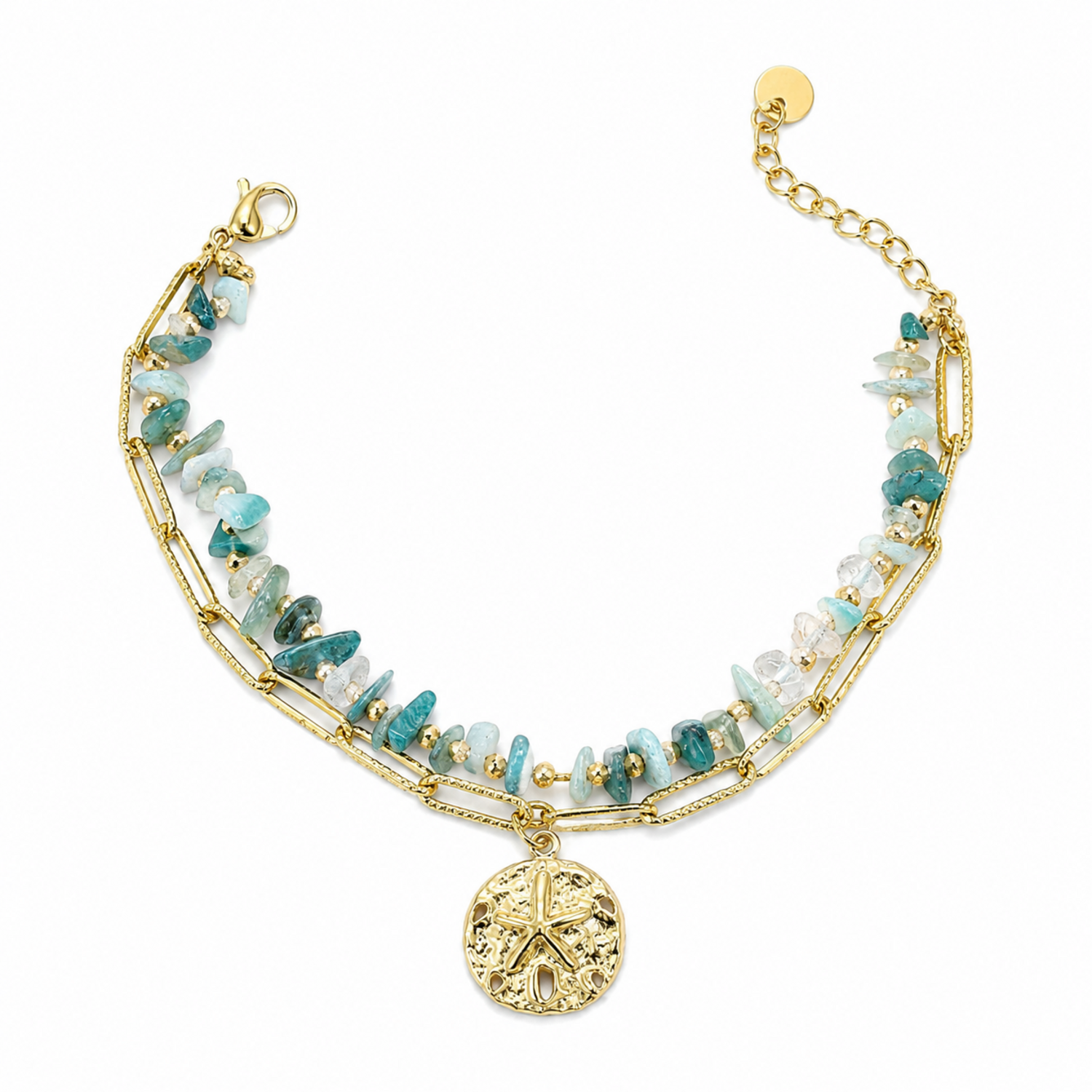 A gold-plated dual-layer ladies bracelet featuring a paperclip chain, green stones, and a textured starfish charm.