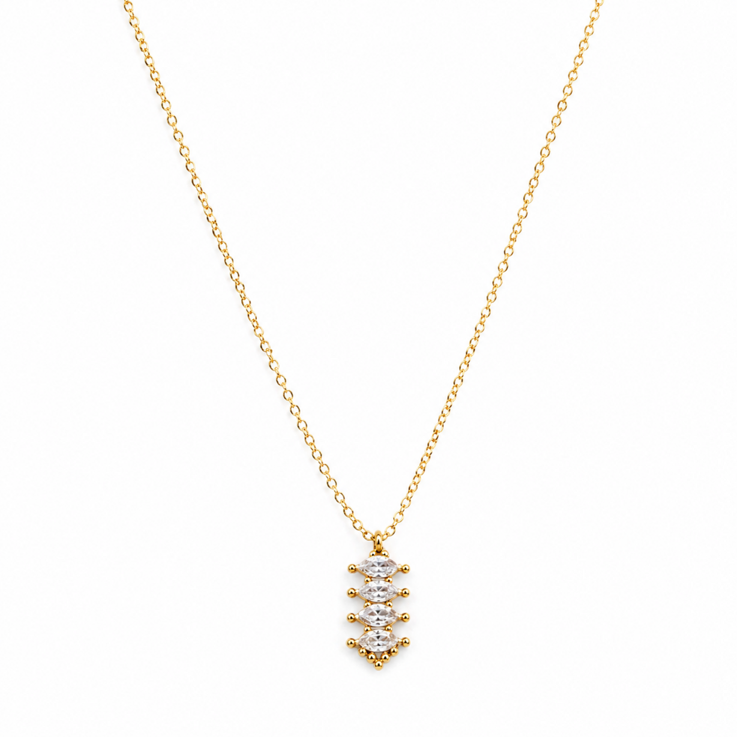 A gold-plated stainless steel chain for women featuring a vertical pendant with four stacked marquise-cut crystals