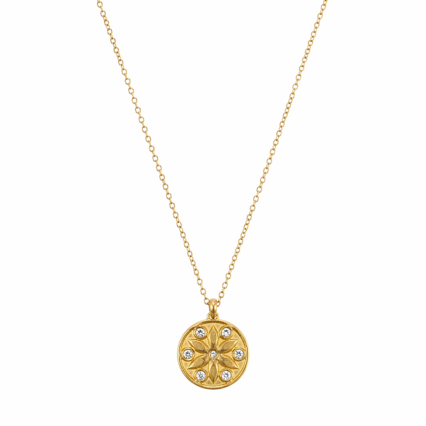 A gold-plated stainless steel chain for women featuring a circular medallion pendant with an embossed star pattern and seven sparkling crystals.