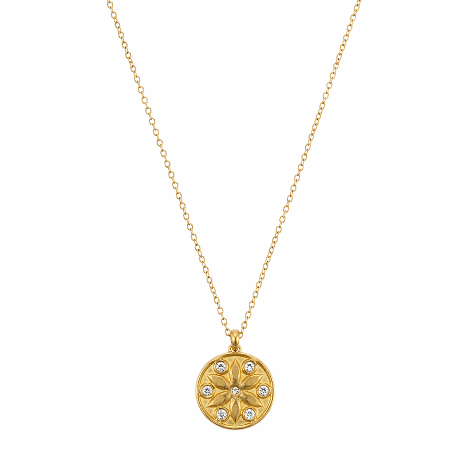 A gold-plated stainless steel chain for women featuring a circular medallion pendant with an embossed star pattern and seven sparkling crystals.