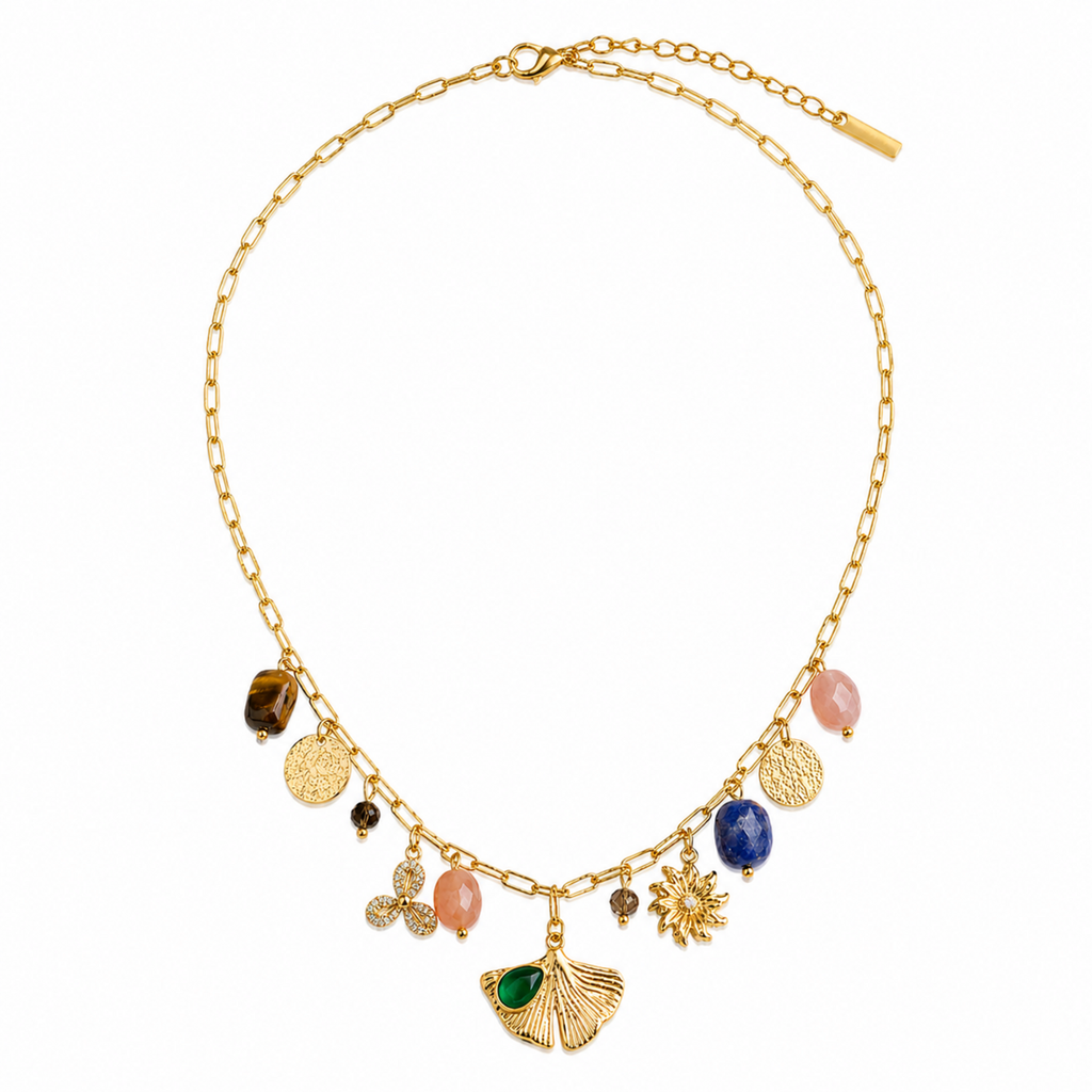 A gold-plated stainless steel chain for women featuring paperclip links and a variety of charms including a ginkgo leaf, lapis lazuli, and rose quartz beads