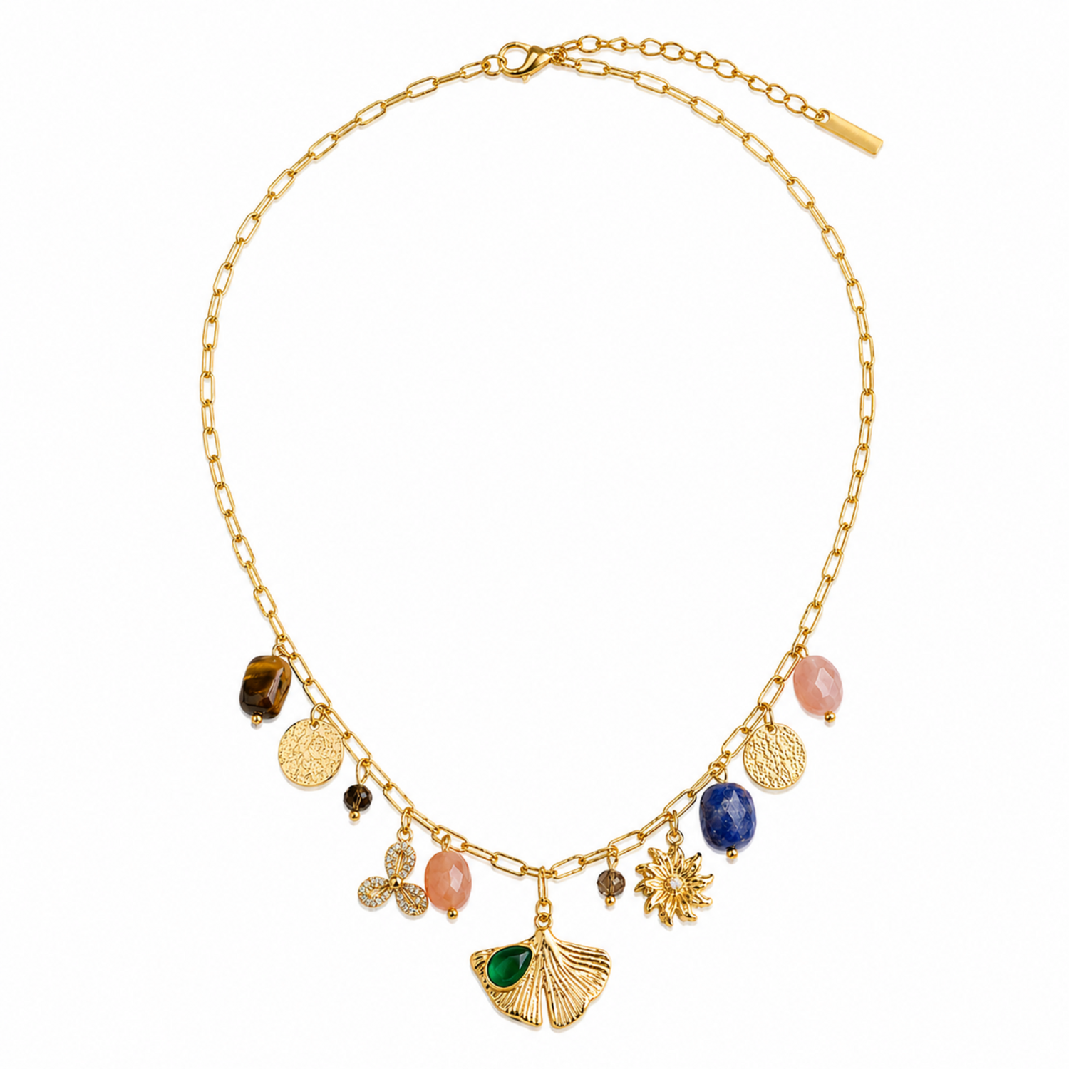 A gold-plated stainless steel chain for women featuring paperclip links and a variety of charms including a ginkgo leaf, lapis lazuli, and rose quartz beads